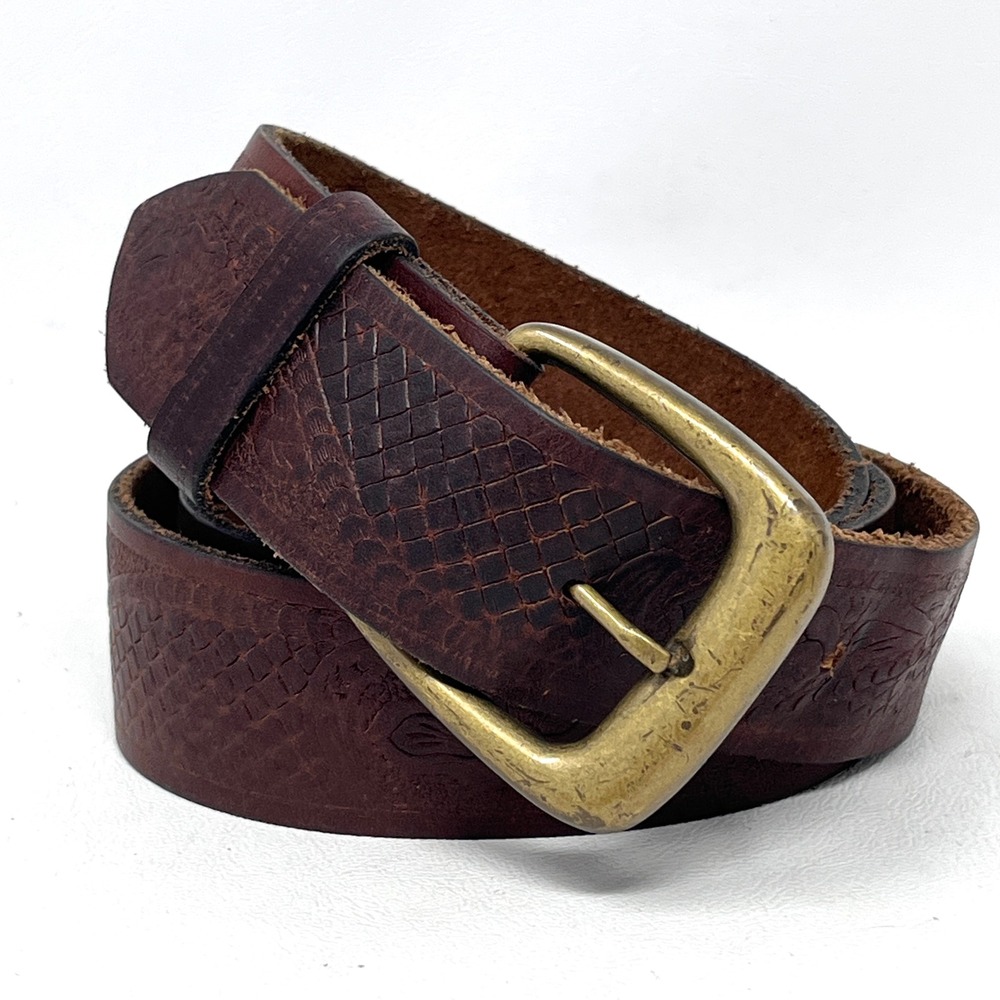 Levis Men Full Grain Leather Brown Belt 38 Tooled Floral USA Western Vintage